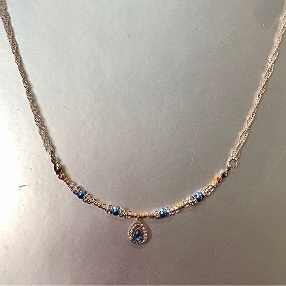 HAND CRAFTED Silver Gold Blue rhinestone pendant necklace Upcycled Vintage - Picture 4 of 6